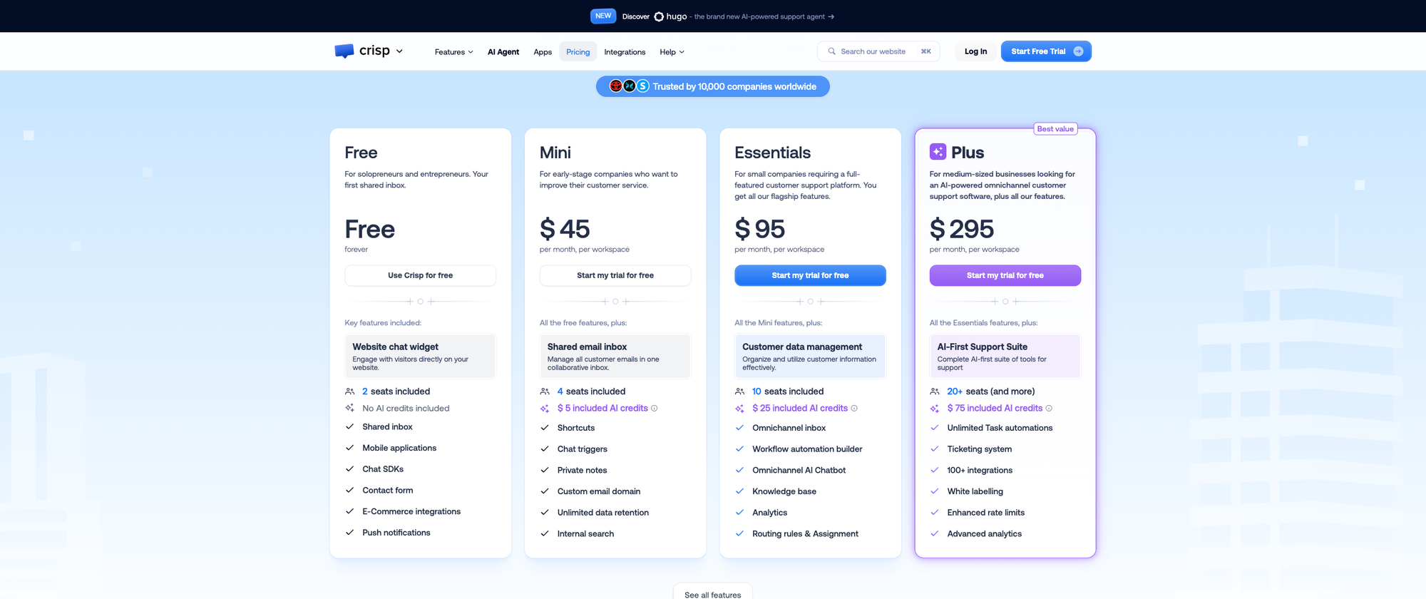 Crisp pricing page on 9 July 2026 showing Free, Mini $45, Essentials $95 and Plus $295 plans, all per workspace, with a Hugo AI banner