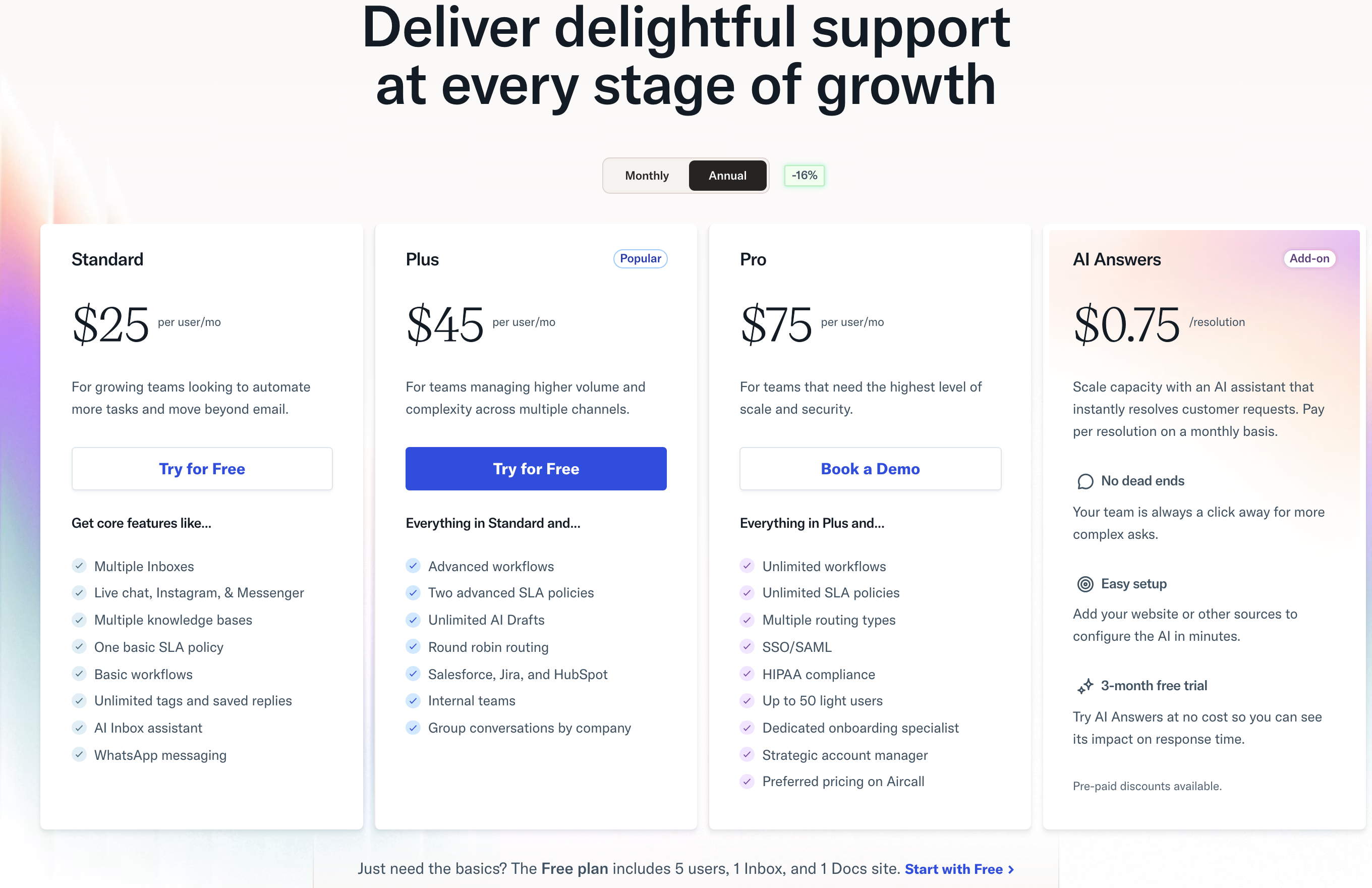 Help Scout pricing page on 10 July 2026: Standard $25, Plus $45, Pro $75 per user per month, and AI Answers at $0.75 per resolution as an add-on