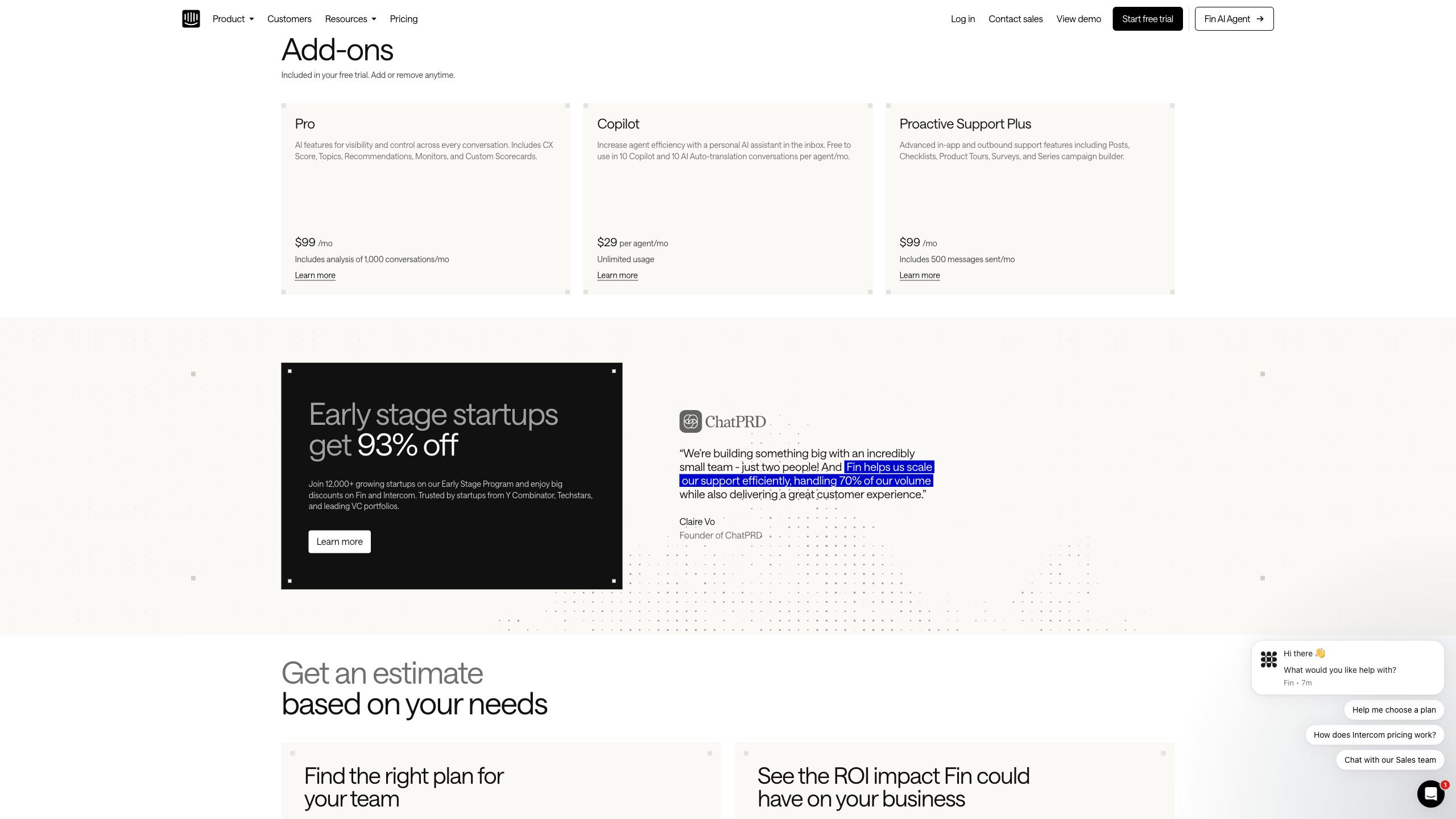 Intercom pricing page Add-ons section: Pro, Copilot, and Proactive Support Plus.