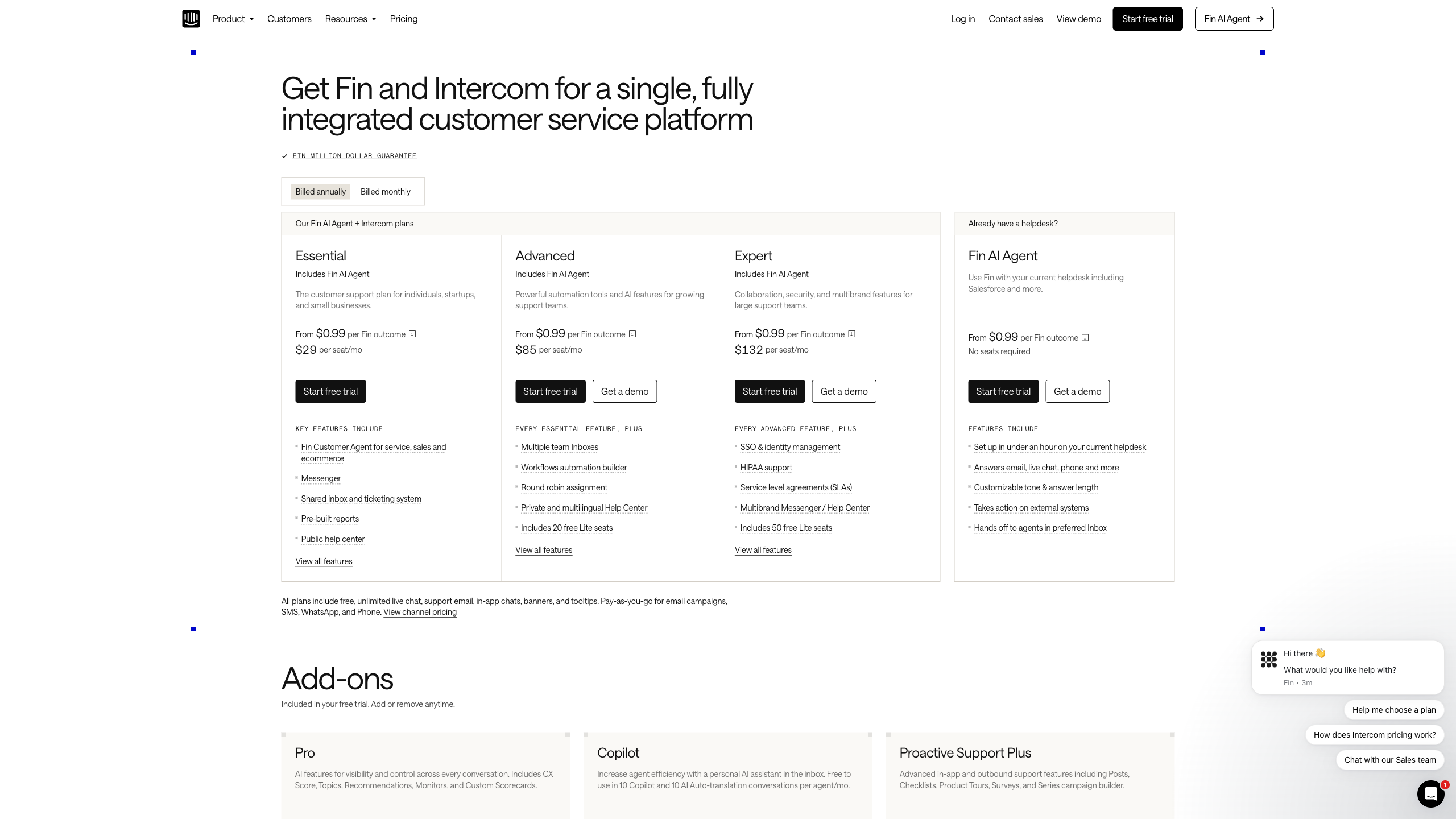 Intercom pricing page with the annual toggle, showing per-seat prices stacked with "From $0.99 per Fin outcome" on every tier card.