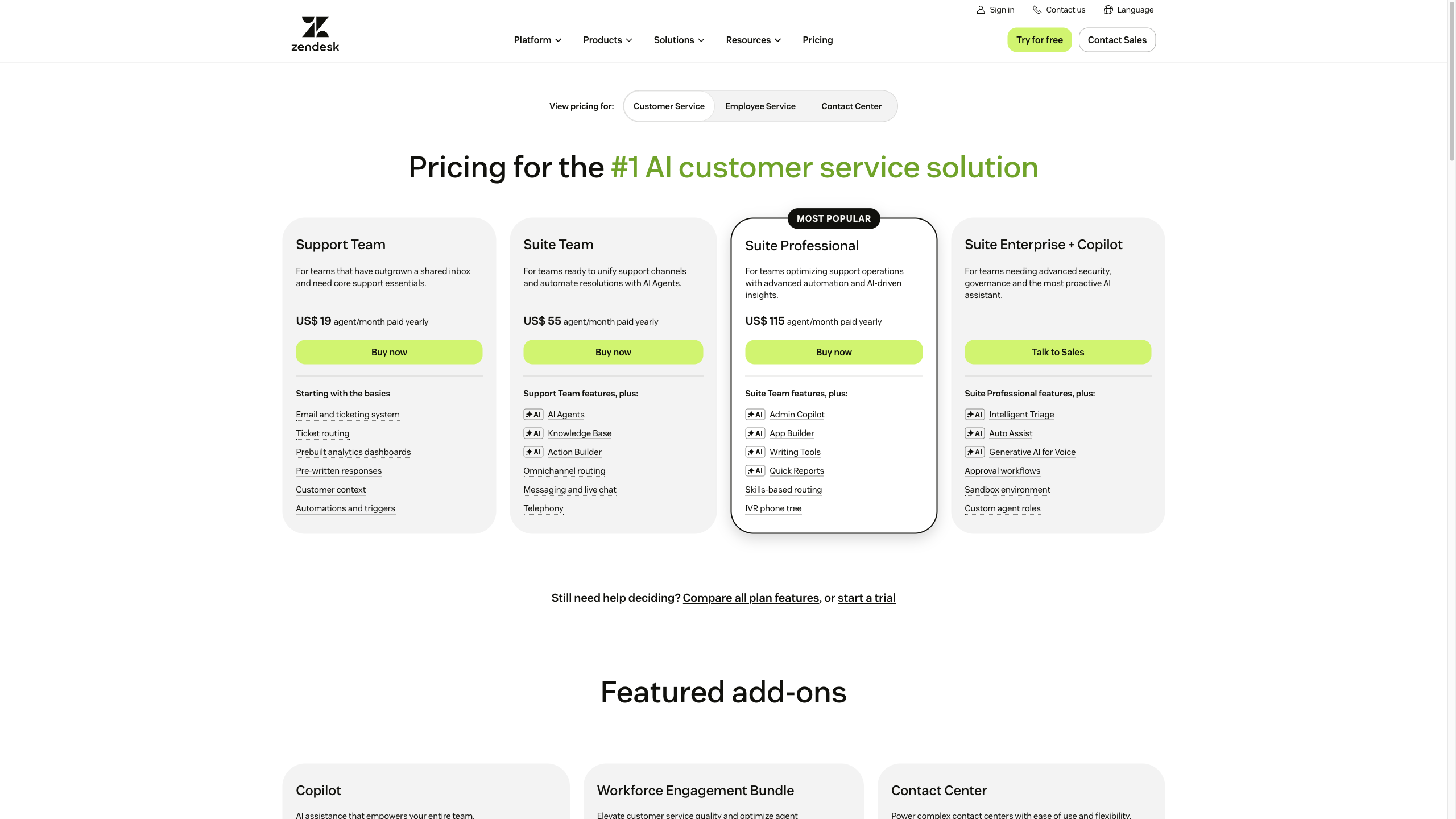 Zendesk pricing page showing four cards: Support Team US$19, Suite Team US$55, Suite Professional US$115 (Most Popular), and Suite Enterprise + Copilot with a 'Talk to Sales' button and no listed price